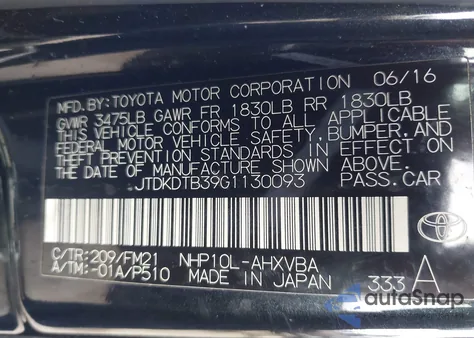 2016 Toyota Prius C Two z USA, uszkodzony, nr VIN JTDKDTB39G1130093